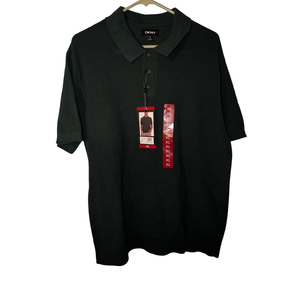DKNY Mens Ribbed Knit Polo Shirt Dark Green Short Sleeve XL New With Tags
